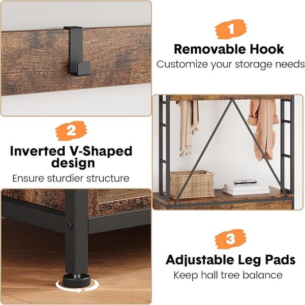 Industrial Hall Tree with Bench, Coat Rack & Shoe Cubbies – Entryway Organizer - Image 4
