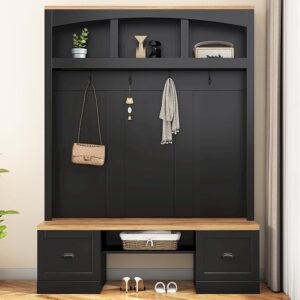 4-in-1 Farmhouse Hall Tree with Bench, Hooks & Shelves – Mudroom Organizer with Wood Grain Finish