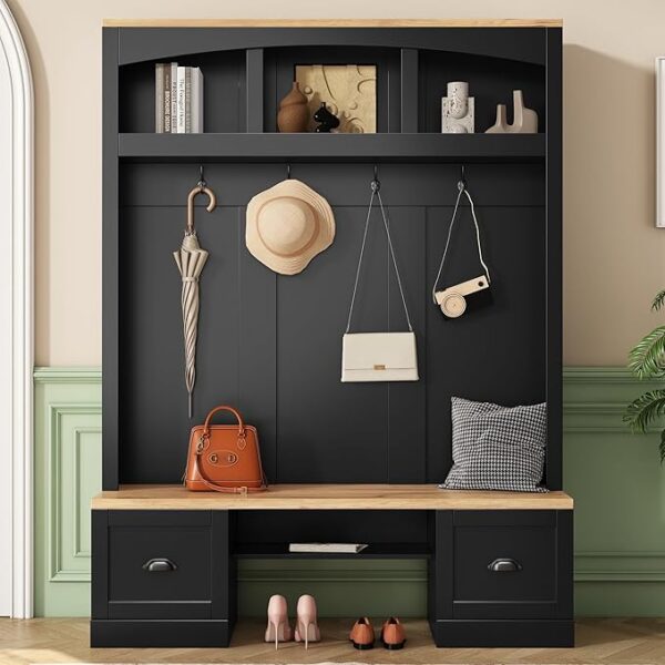 4-in-1 Farmhouse Hall Tree with Bench, Hooks & Shelves – Mudroom Organizer with Wood Grain Finish - Image 3