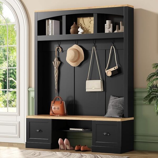 4-in-1 Farmhouse Hall Tree with Bench, Hooks & Shelves – Mudroom Organizer with Wood Grain Finish - Image 4