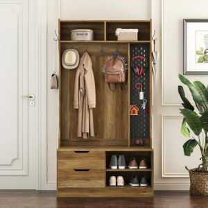 38" Hall Tree with Bench, Shoe Storage & Hooks – 4-in-1 Entryway Organizer with Induction Foot Lamp, Brown