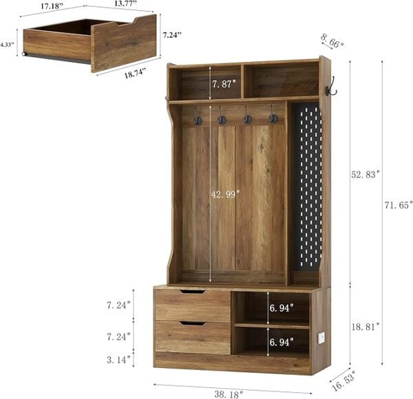 38" Hall Tree with Bench, Shoe Storage & Hooks – 4-in-1 Entryway Organizer with Induction Foot Lamp, Brown - Image 2