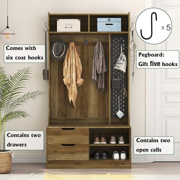 38" Hall Tree with Bench, Shoe Storage & Hooks – 4-in-1 Entryway Organizer with Induction Foot Lamp, Brown - Image 3