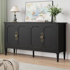 58'' Sideboard Buffet Console: 4 Doors, Adjustable Shelves (Satin Black)