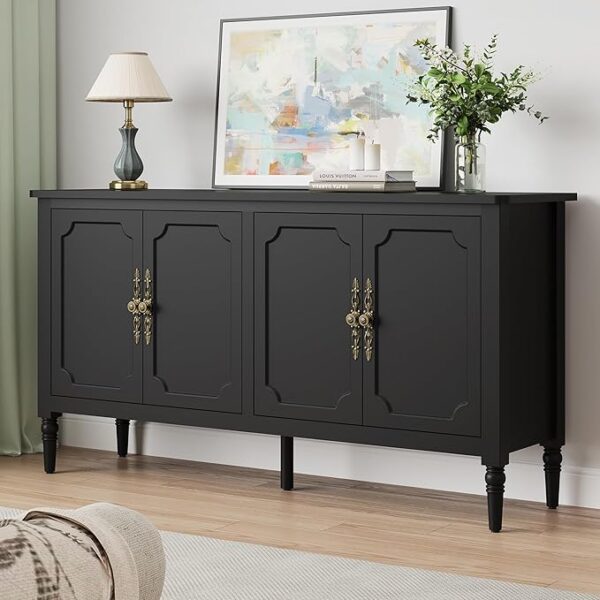 58'' Sideboard Buffet Console: 4 Doors, Adjustable Shelves (Satin Black)