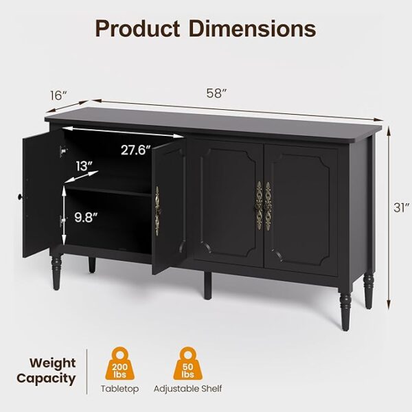 58'' Sideboard Buffet Console: 4 Doors, Adjustable Shelves (Satin Black) - Image 2