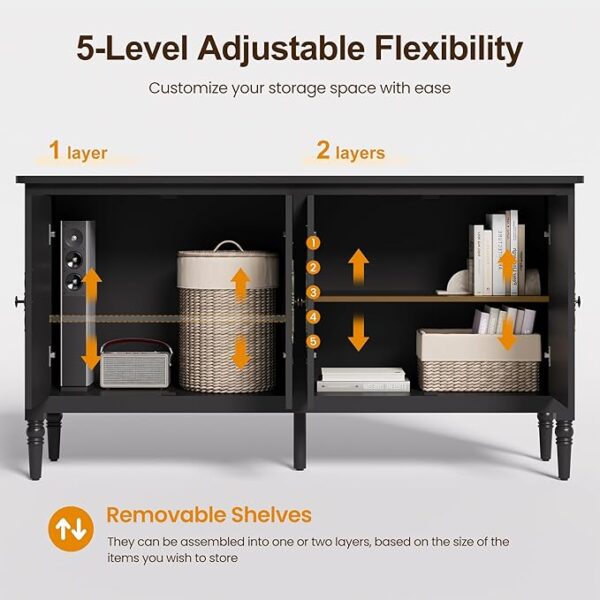 58'' Sideboard Buffet Console: 4 Doors, Adjustable Shelves (Satin Black) - Image 3