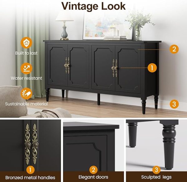 58'' Sideboard Buffet Console: 4 Doors, Adjustable Shelves (Satin Black) - Image 4
