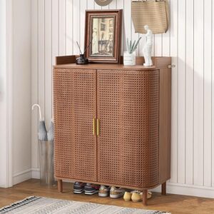 5-Tier Boho Shoe Cabinet: Adjustable Shelves, Iron Rattan Curved Doors (Walnut)