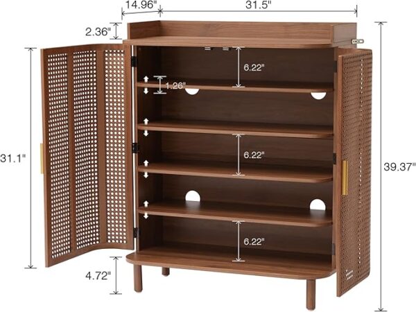 5-Tier Boho Shoe Cabinet: Adjustable Shelves, Iron Rattan Curved Doors (Walnut) - Image 2
