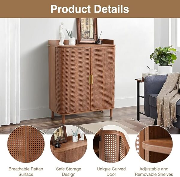 5-Tier Boho Shoe Cabinet: Adjustable Shelves, Iron Rattan Curved Doors (Walnut) - Image 3