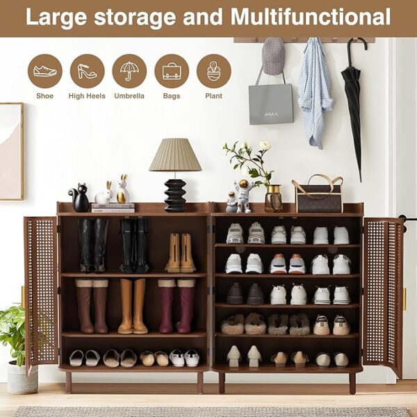 5-Tier Boho Shoe Cabinet: Adjustable Shelves, Iron Rattan Curved Doors (Walnut) - Image 4