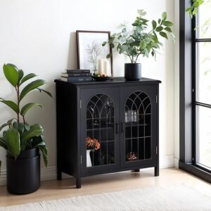PHI VILLA Black Accent Cabinet with Doors, Small Buffet Sideboard, 2 Door Storage Cabinet