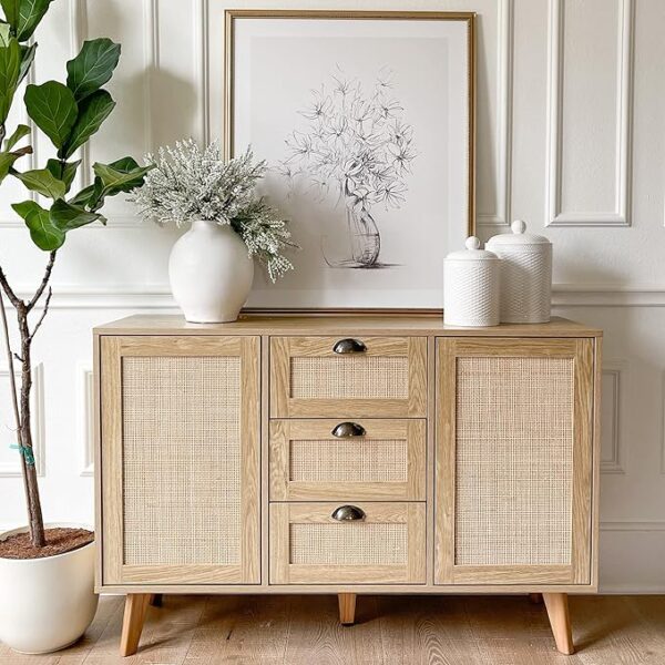 PHI VILLA Rattan Cabinet - Sideboard Buffet Accent Cabinet with Doors and Drawers, Rattan Console Table