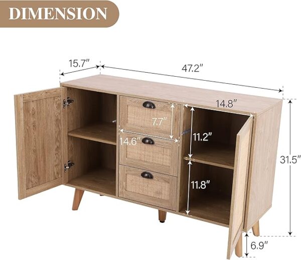PHI VILLA Rattan Cabinet - Sideboard Buffet Accent Cabinet with Doors and Drawers, Rattan Console Table - Image 2