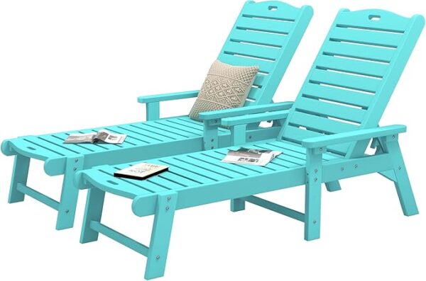 Patio Lounge Chair Set of 2: Wood Texture, Oversized HDPE, 5-Position Backrest (Blue)