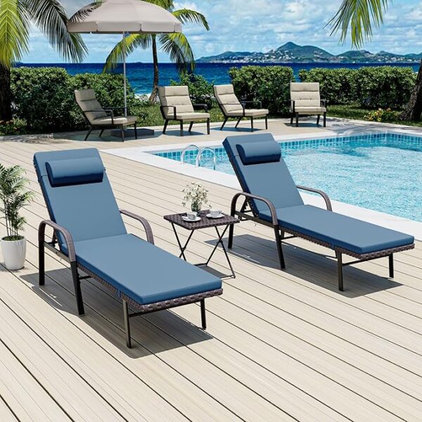Lounge Set (3 Pieces): Rattan, Adjustable Backrest & Armrest, Folding Table (Sand)