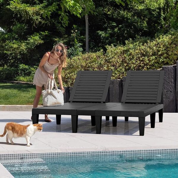 Pool Lounge Chairs Set: 2-in-1 Chaise Lounge, 5-Position Backrest, 530lbs Capacity (Black) - Image 2