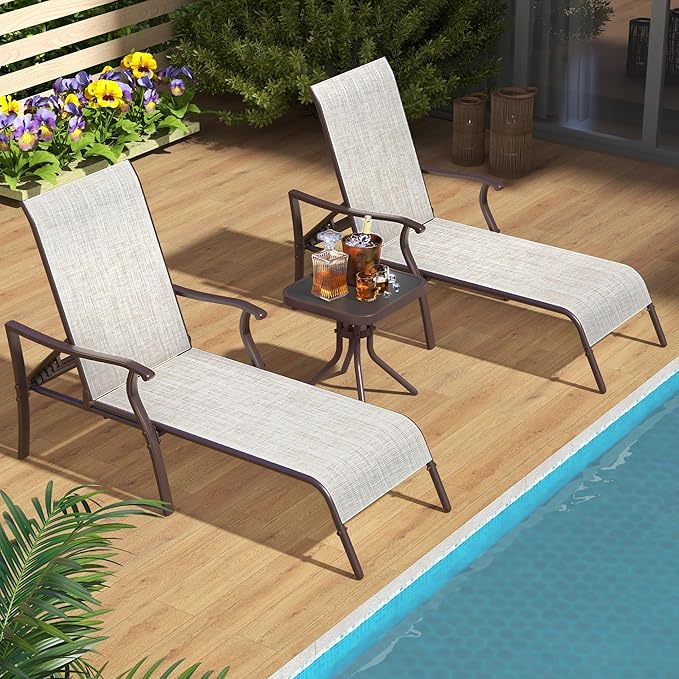 Pool Lounge Chair Set of 3: 2 Lounges, Side Table, 5-Position Backrest (Beige)