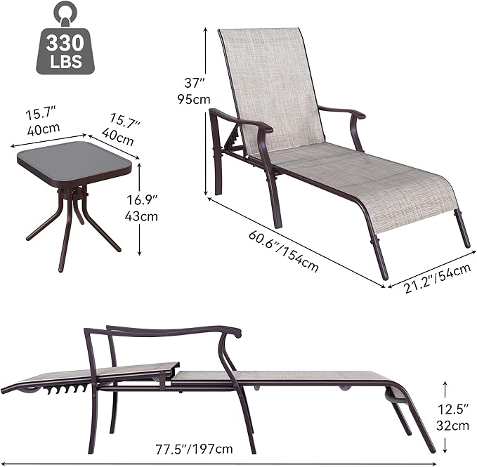 Pool Lounge Chair Set of 3: 2 Lounges, Side Table, 5-Position Backrest (Beige) - Image 2