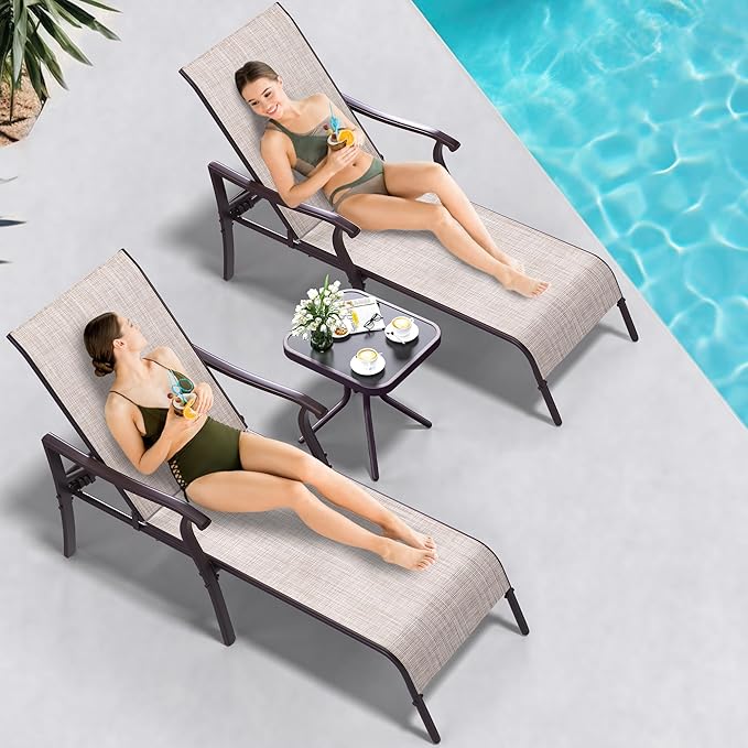 Pool Lounge Chair Set of 3: 2 Lounges, Side Table, 5-Position Backrest (Beige) - Image 4