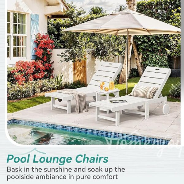 Outdoor Chaise Lounge Chairs (Set of 2): 26.8” Wide, HDPS, 5 Positions, Wheels (White) - Image 2