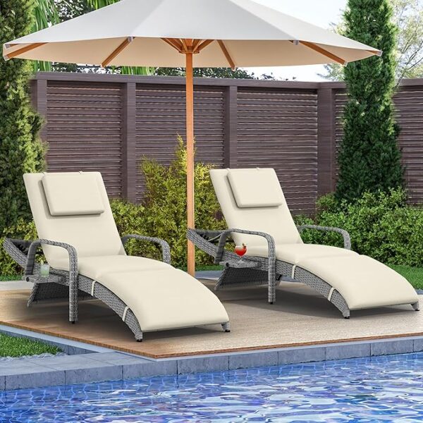 Patio Chaise Lounge Chair Set of 2: Wicker, Armrests, Cup Holder, 5-Position Backrest, Cushion & Headrest (Beige)