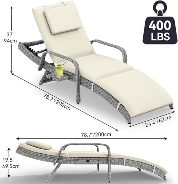 Patio Chaise Lounge Chair Set of 2: Wicker, Armrests, Cup Holder, 5-Position Backrest, Cushion & Headrest (Beige) - Image 2