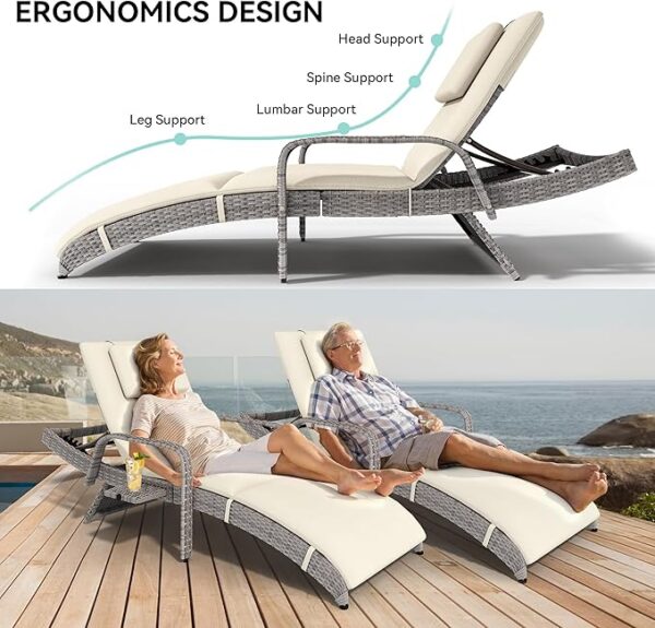 Patio Chaise Lounge Chair Set of 2: Wicker, Armrests, Cup Holder, 5-Position Backrest, Cushion & Headrest (Beige) - Image 3