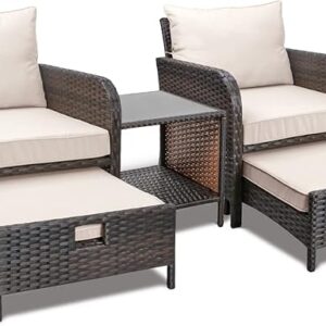 5-Piece Balcony Patio Set: Wicker Lounge Chairs, Cushions, 2 Ottomans & Glass Table