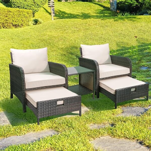 5-Piece Balcony Patio Set: Wicker Lounge Chairs, Cushions, 2 Ottomans & Glass Table - Image 2