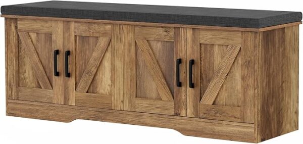 2-Tier Storage Bench: Padded Seat, 4 Barn Doors, Adjustable Shelf