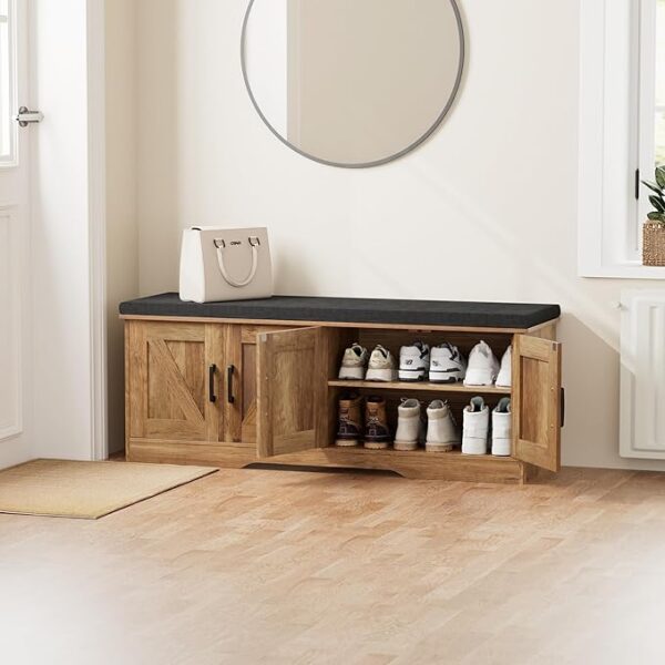 2-Tier Storage Bench: Padded Seat, 4 Barn Doors, Adjustable Shelf - Image 2