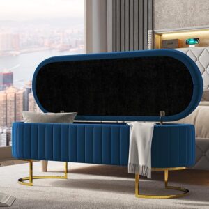 50" Velvet Storage Bench: Flipping Lid, 2 Ottomans, Gold Legs