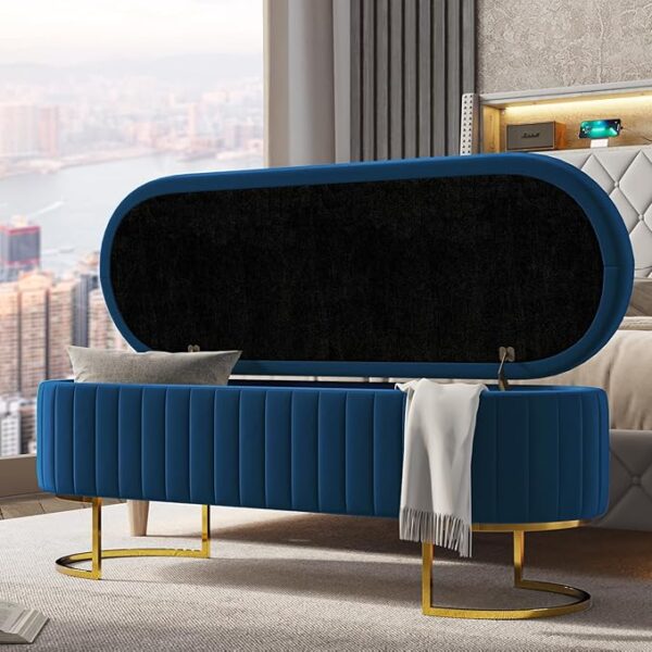 50" Velvet Storage Bench: Flipping Lid, 2 Ottomans, Gold Legs