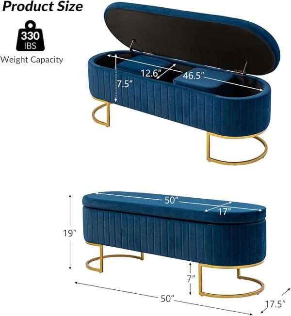 50" Velvet Storage Bench: Flipping Lid, 2 Ottomans, Gold Legs - Image 2
