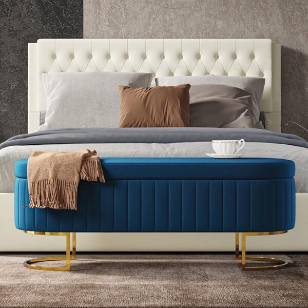 50" Velvet Storage Bench: Flipping Lid, 2 Ottomans, Gold Legs - Image 3
