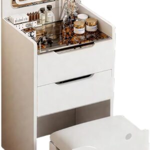 Vanity Desk with Flip Top Mirror & Cushion Stool (White)