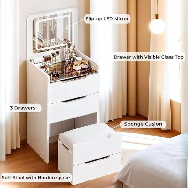 Vanity Desk with Flip Top Mirror & Cushion Stool (White) - Image 4