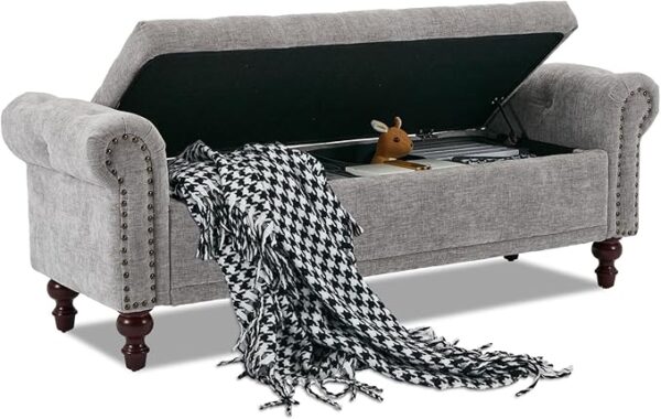 58.1" Chenille Storage Bench – Tufted Ottoman with Rolled Arms, Large Storage for Bedroom, Living Room & Entryway