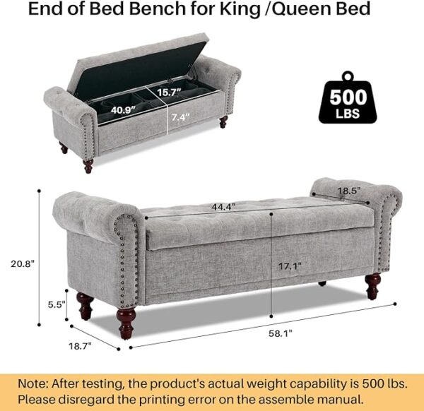 58.1" Chenille Storage Bench – Tufted Ottoman with Rolled Arms, Large Storage for Bedroom, Living Room & Entryway - Image 2