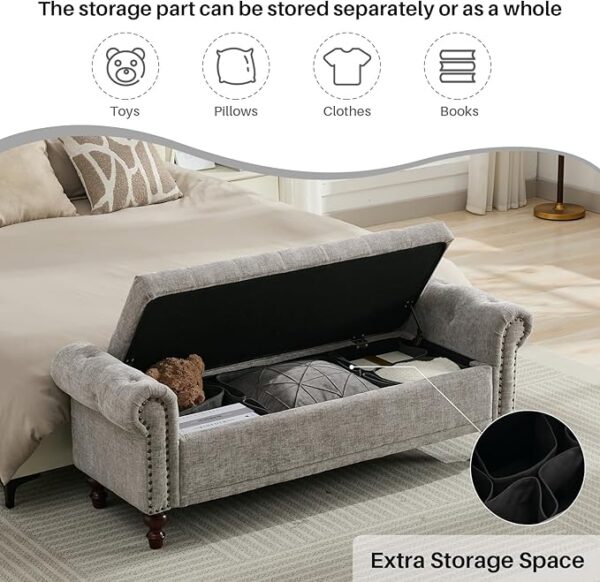 58.1" Chenille Storage Bench – Tufted Ottoman with Rolled Arms, Large Storage for Bedroom, Living Room & Entryway - Image 3