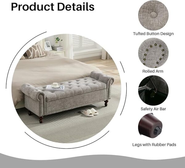 58.1" Chenille Storage Bench – Tufted Ottoman with Rolled Arms, Large Storage for Bedroom, Living Room & Entryway - Image 4