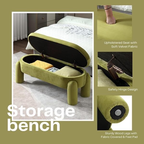 Modern Velvet Storage Ottoman Bench – End of Bed Stool for Bedroom, Living Room & Entryway (44.75", Grass Green) - Image 4