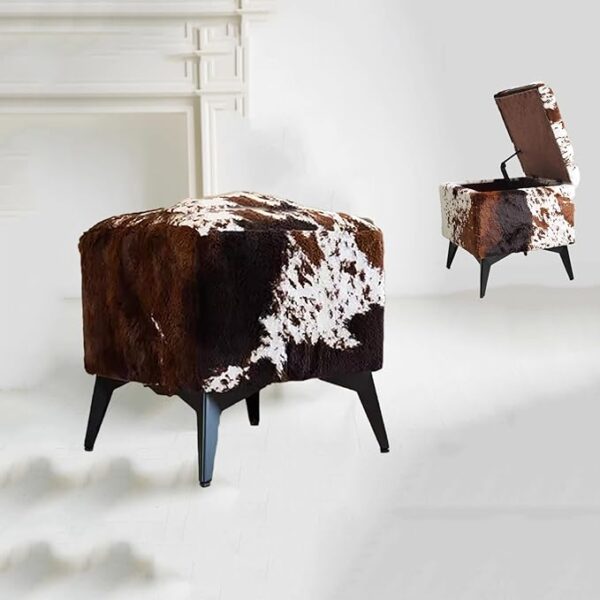 Square Furry Upholstered Storage Footstool: Metal Legs