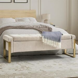 Modern Storage Ottoman Bench – Upholstered End of Bed Bench with Gold Metal Legs, Beige (55")