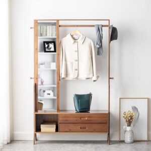 Bamboo Entryway Bench with Coat Rack, Mirror, Storage & Hooks (Brown)