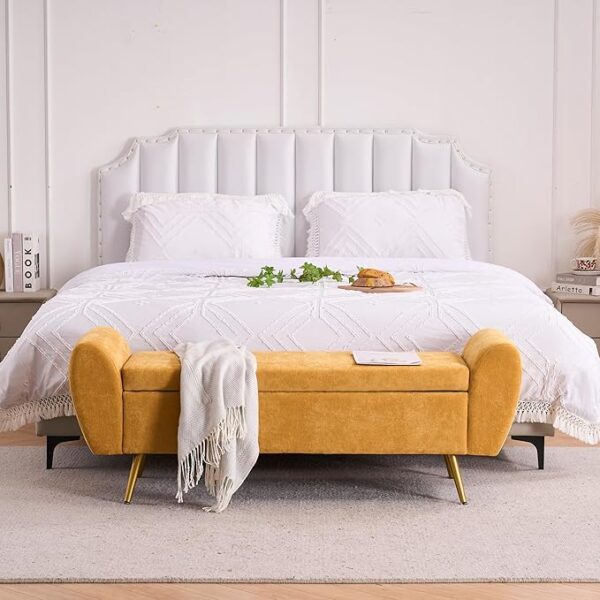 57" Upholstered Storage Bench: End of Bed Ottoman with Arms (Yellow)