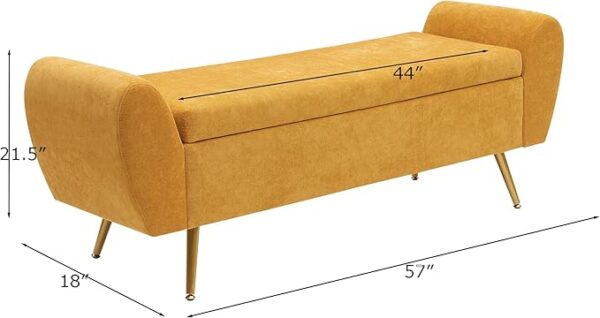 57" Upholstered Storage Bench: End of Bed Ottoman with Arms (Yellow) - Image 2