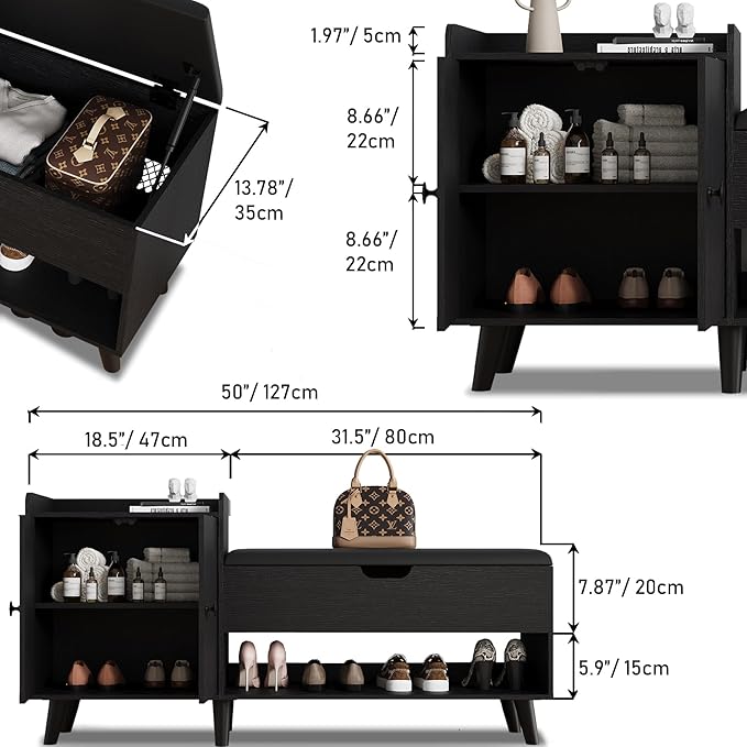 50" Entryway Shoe Bench with Hidden Storage – Shoe Organizer with Shelf & Cabinet for Bedroom, Hallway & Living Room - Image 2